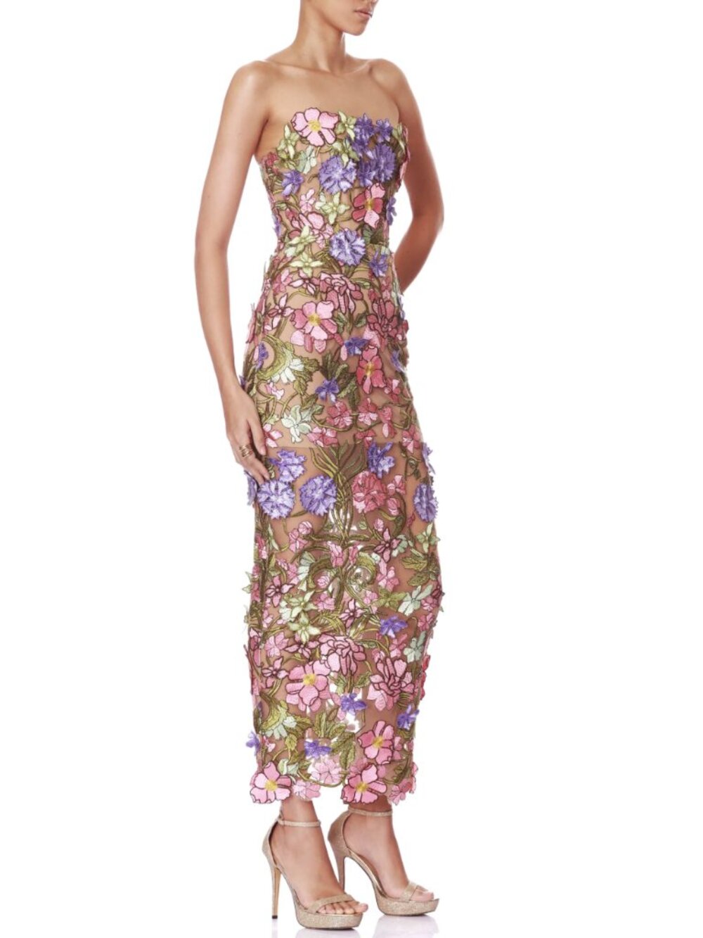 Bronx and Banco Iris Floral Maraya Strapless Ankle Dress Medium Pink Purple - Picture 2 of 11